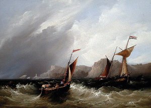 Fartøy utenfor en steinete kystlinje (olje om bord) av Frederick Calvert
