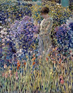 Kvinne i hagen, ca 1912, maleri av Frederick Carl Frieseke (1874-1939), olje på lerret, 81x65 cm