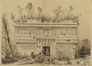 Las Monjas, Chichen Itza, Yucatan, 1843 (sepia blekk og vask på vevd papir) av Frederick Catherwood