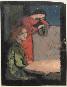 To jenter ved et bord Se ut på en stjerneklar natt, 1905 (tempera på kort) av Frederick Cayley Robinson