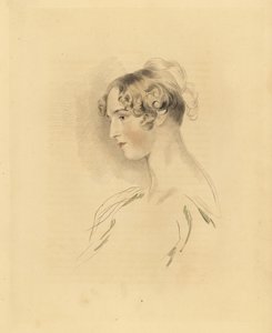 Portrett av Mary Isabella Bloxam som en ung kvinne, niese til Sir Thomas Lawrence. Med håret opp og krøllet, i en off-the-skulder kjole. Gravering av Frederick Christian Lewis etter en illustrasjon av Sir Thomas Lawrence fra P.G. Patmores kabinett av G