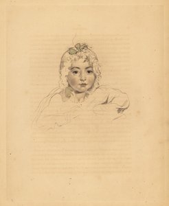 Portrett av Mary Isabella Bloxam, niese til Sir Thomas Lawrence. I panser med bånd. Håndtonet gravering av Frederick Christian Lewis etter en illustrasjon av Sir Thomas Lawrence fra P.G. Patmore