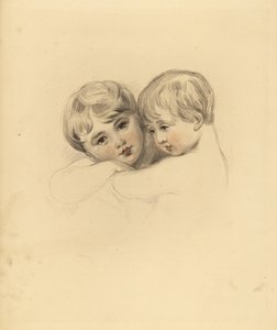 Portrett av Calmeady-barna i en omfavnelse. Håndtonet gravering av Frederick Christian Lewis etter en illustrasjon av Sir Thomas Lawrence fra PG Patmore's Cabinet of Gems, Ackermann, London av Frederick Christian Lewis