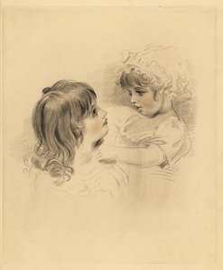 Portrett av to barn. Den eldste holder et motvillig yngre barn i panser og kjole. Håndtonet gravering av Frederick Christian Lewis etter en illustrasjon av Sir Thomas Lawrence fra P.G. Patmore