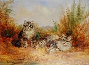 To Tabby kattunger i et landlig landskap (olje om bord) av Frederick French