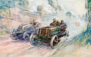 En britisk sjåfør, Charles Jarrott, vinner Circuit des Ardennes fra 1902 med den berømte "70" Panhard (farge litho)