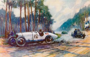 Amerikas første suksess i en Grand Prix skjedde da Jimmy Murphys Duesenberg ble vellykket på Le Mans i 1921 (farge litho)