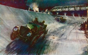 I 1907 lyktes S F Edge, som kjørte Napier enhånds, i å opprettholde 60 mph i 24 timer, den første rekorden på den nye Brooklands-banen (farge litho) av Frederick Gordon (after) Crosby