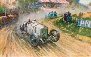 Lautenschlager med den tyske Mercedesen og Boillot med den franske Peugeot i deres store kamp under Grand Prix i 1914 (farge litho)