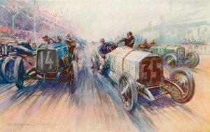Lautenschlager hvit Mercedes i 1908 Grand Prix, et løp der dekk ble brukt i store mengder (farge litho)