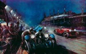 En av de vellykkede Lorraine-Dietrich-bilene som fylles på ved gropen under nattkjøringen i Le Mans 24-timersløp (farge litho)