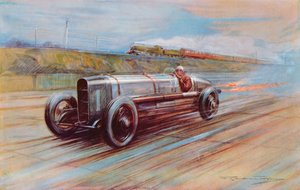 Den aero-motoriserte 12-sylindrede Sunbeam gjort berømt av K Lee Guinness på Brooklands og den raskeste bilen i 1922 (farge litho)