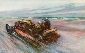 Den berømte "200" Darracq som Sir Algernon Guinness, Bart, oppnådde 120 mph med i 1908 (farge litho)