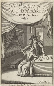 Lege med ung kvinne i et interiør Tittelside for: Dekkers, F., The Practice of Phisick of Dr. Paul Barbett av Frederick Hendrick van den Hove