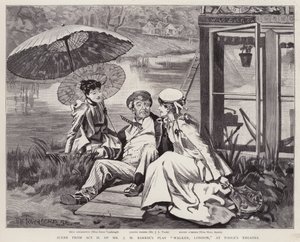 De engelske skuespillerne Irene Vanbrugh, John Lawrence Toole og Mary Ansell i en produksjon av J M Barries skuespill Walker, London, på Toole