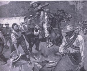 Boerebehandling av fredsutsendinger: The pisking of Margendaal, fra After Pretoria: The Guerilla War utgitt av Harmsworth Bros Limited, 1901 av Frederick Judd Waugh