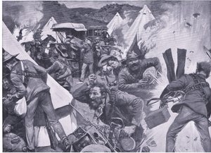 Boere som plyndrer den britiske leiren ved Nooitgedacht under artilleriild, fra After Pretoria: The Guerilla War utgitt av Harmsworth Bros Limited, 1901