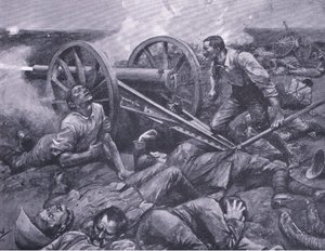 Forsvaret av Dewetsdorp: arbeider med en 15 punds enhånds, illustrasjon fra After Pretoria: The Guerilla War, 1902 av Frederick Judd Waugh