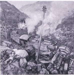 Ødeleggelsen av et pansret tog nær Vlakfontein, illustrasjon fra After Pretoria: The Guerilla War, 1902 av Frederick Judd Waugh