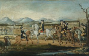 Washington gjennomgår den vestlige hæren i Fort Cumberland, Maryland, etter 1795.