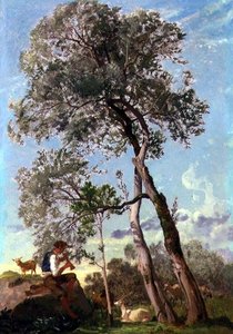 In the Campagna, a Goather Playing the Pipe (olje på papir lagt ned om bord)