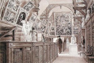 Interiør av Old Perse School, med et utvalg av Lord Fitzwilliams legat vist (blyant, pensel og vask på papir) av Frederick Mackenzie