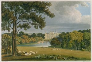 Utsikt over Burghley House, sete for markisen av Exeter, gravert og utgitt av Robert Havell (1769-1832), 1819 (fargegravering)