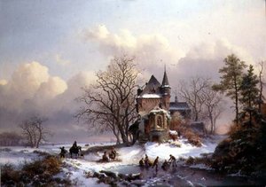 Vinterlandskap med skatere (olje på lerret)
