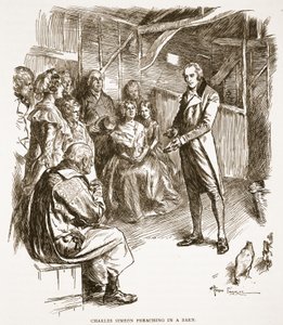 Charles Simeon forkynner i en låve, illustrasjon fra 
