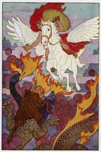 Pegasus startet rett mot Chimeras tredelte hode (farge litho)