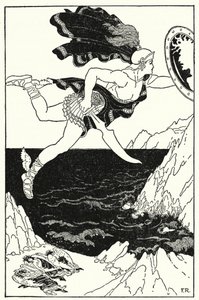 Perseus fløy forsiktig nedover, og holdt fortsatt øynene på Medusas ansikt, som reflektert i skjoldet hans (litho)