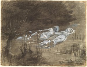 Kvinne som flyter i en elv, deltatt av to kvinnelige ånder av Frederick Trapp Friis