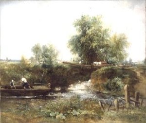Elv med Horses Crossing og Skiff av Frederick Waters Watts