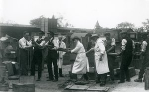 En 20 fot lang Python bæres av elleve medlemmer av Zoological Society-ansatte, London Zoo, juni 1925 av Frederick William Bond