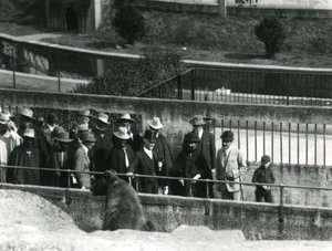 Sir Peter Chalmers Mitchell, med den etiopiske regenten Haile Selassie og hans følge, ser på en brunbjørn på Mappin Terraces, London Zoo, 1924 av Frederick William Bond