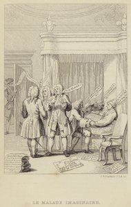 Le Malade Imaginaire: satire som skildrer forfatter og botaniker John Hill i sengen som blir konsultert av en rekke leger som alle er fast bestemt på å sikre sine honorarer