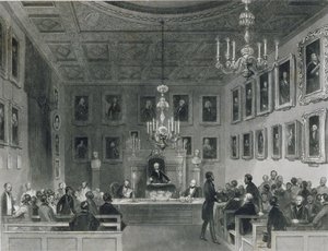 Utsikt over interiøret i Somerset House, viser et møte med Royal Antiquarian Society, ca. 1840 av Frederick William Fairholt
