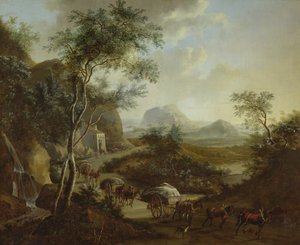 Landskap med en konvoi av hester og vogner