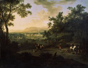 Landskap med jegere. Maleri av Frederick de Moucheron (1633-1686). Olje på lerret, nederlandsk kunst, barokkstil. Mikhail Kroshitsky kunstmuseum, Sevastopol (Sevastopol) Ukraina