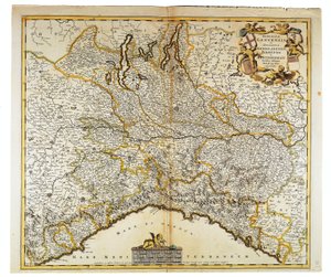Republikken Genova, hertugdømmet Milano, Parma og Monferrato, Kart av Frederik de Wit, Amsterdam, Kobberstikk av Frederick de Wit