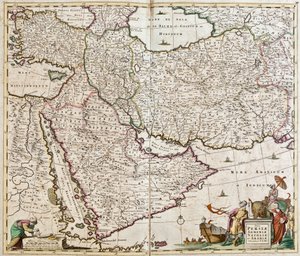 Kart over Persia (Iran), Armenia, Anatolia (Tyrkia)) og Arabia (den arabiske halvøy: Saudi-Arabia, Kuwait, De forente arabiske emirater, Oman, Qatar, Yemen, Bahrain) (radering)