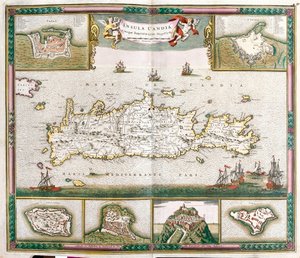 Kart over øya Kreta, med utsikt over de befestede byene La Cane og Heraklion og festningene Spinalonga, Retino, Thine og Souda (etsing av Frederick de Wit
