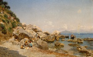 På stranden, Capri med Vesuv i bakgrunnen av Frederico del Campo