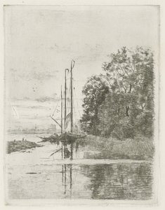 Elveutsikt med to skip og en lekter. av Fredericus Jacobus van Rossum du Chattel (signed by artist)