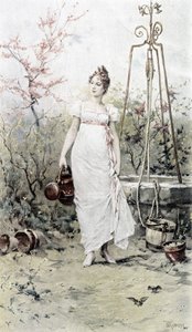 Kvinne på vei tilbake fra en brønn - allegori om våren, kalender illustrert av Hubert Dys, malt av F.H. Kaemmerer av Frederik Hendrik Kaemmerer
