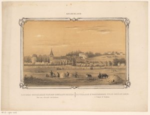 Utsikt over Oosterbeek med figurer som lager høy Landsbyen Oosterbeek kan sees fra den Rijnkant. En time unna Arnhem. (tittel på objekt) Gelderland (serietittel på objekt)