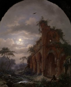 Munk mediterer nær en ruin ved måneskinn Mediterende munk ved en ruin om natten av Frederik Marinus Kruseman (signed by artist)