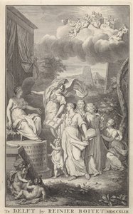 Minerva and the Arts for en tronet figur Tittelside for: The Groot Natuur- en Zedekundigh Wereldtoneel, Delft, R. Boitet, 1743