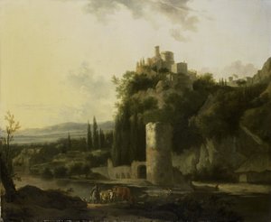 Italiensk landskap med rundt tårn