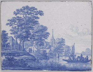 Rektangulær plakett med elvelandskap av Frederik van Frytom (attributed to)